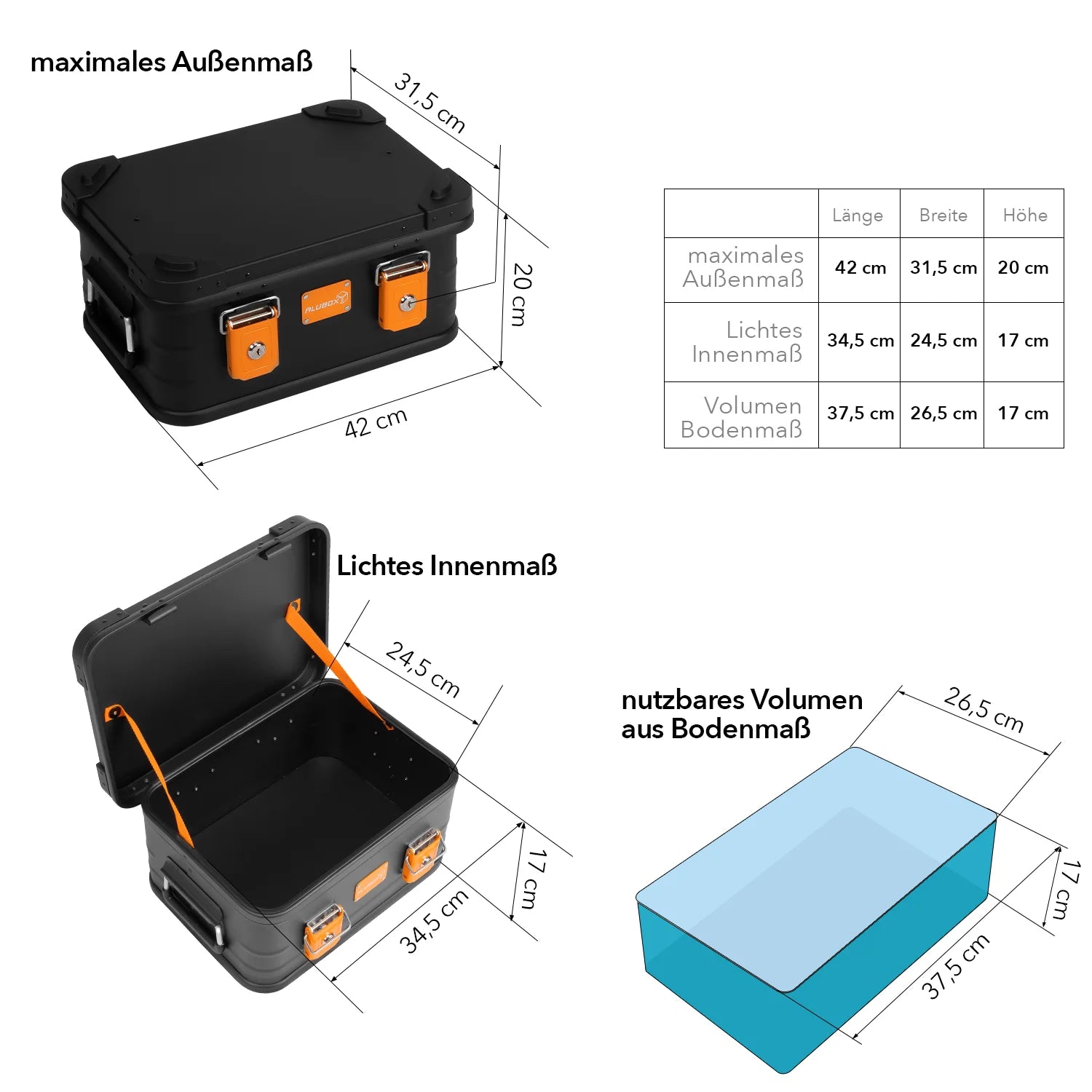 ALUBOX pulverbeschichtete Alukiste stapelbar schwarz orange