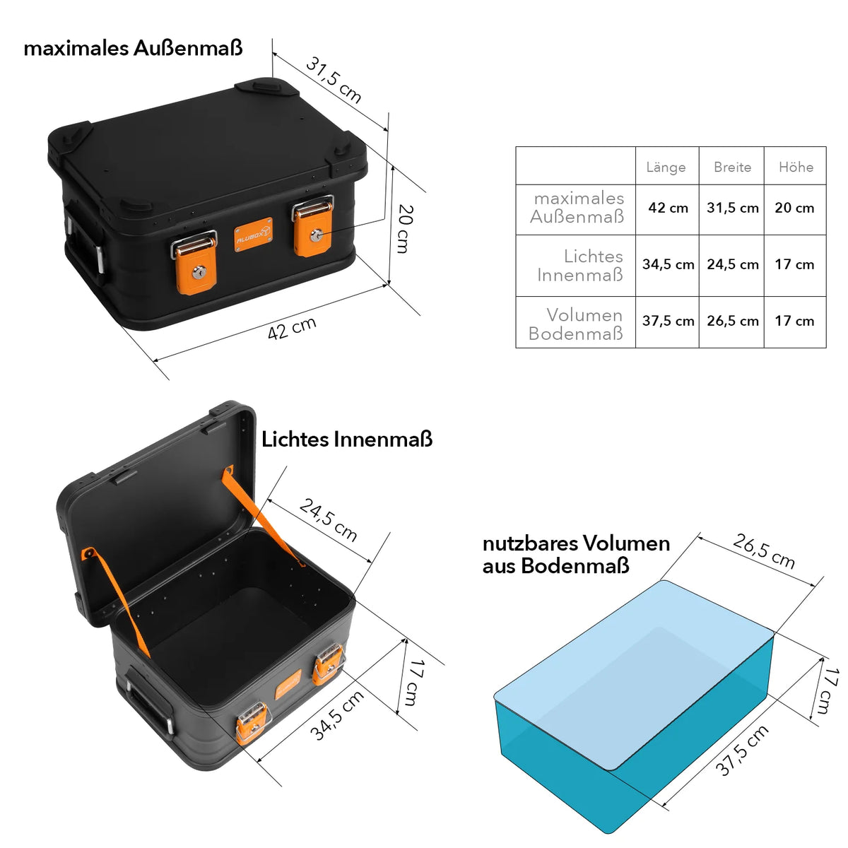 ALUBOX pulverbeschichtete Alukiste stapelbar schwarz orange