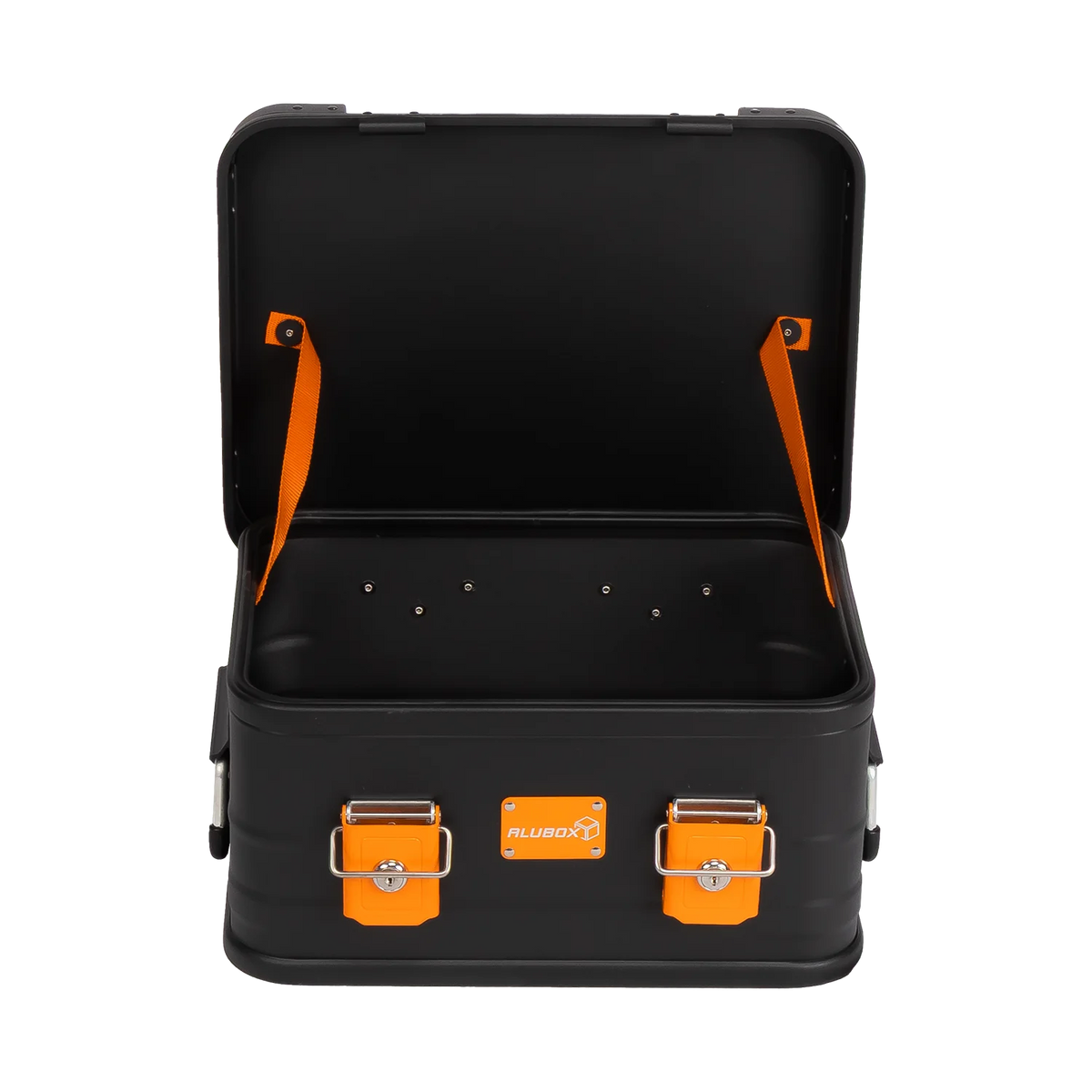 ALUBOX pulverbeschichtete Alukiste stapelbar schwarz orange