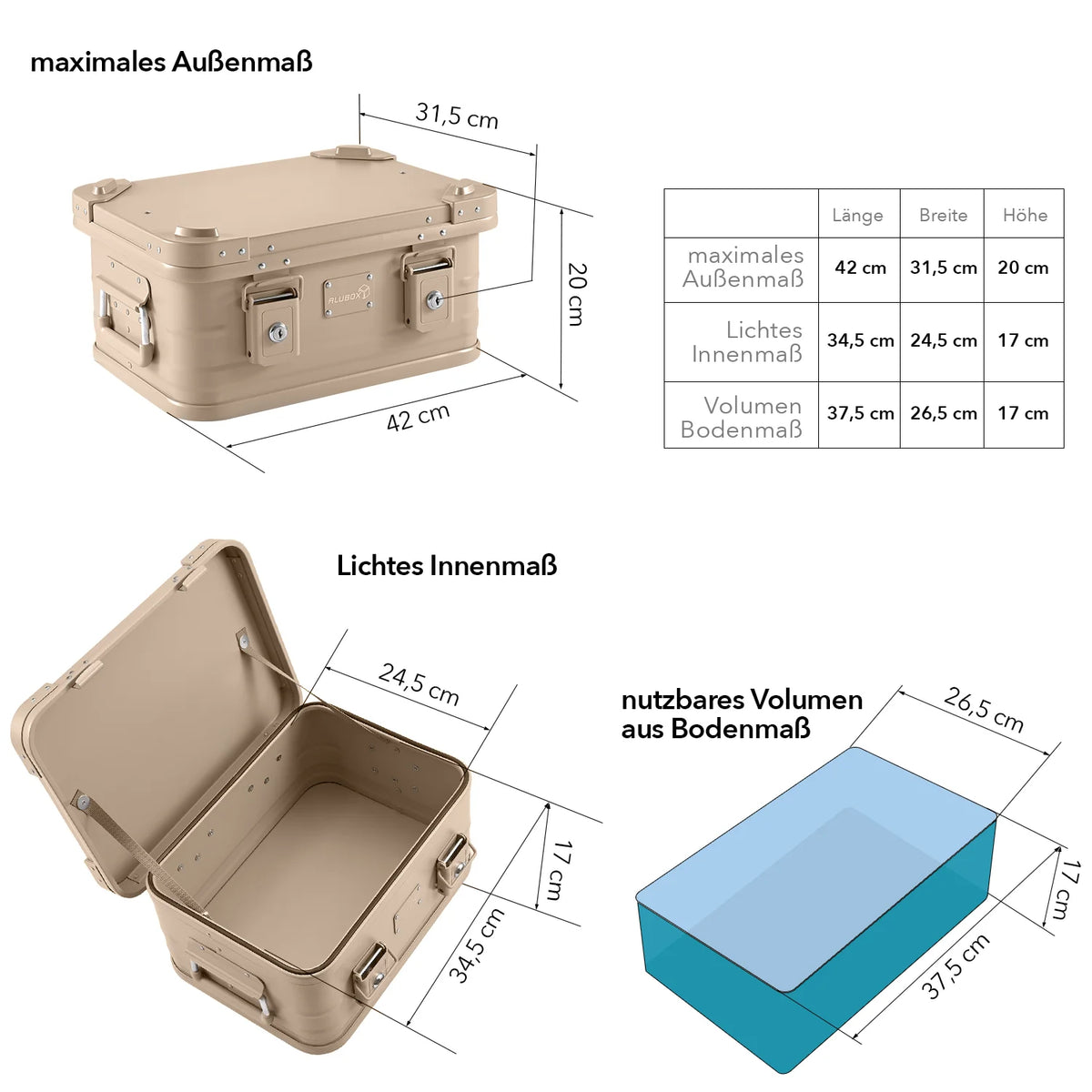 Werkzeugkiste ALU - 18 Liter - Sandbeige pulverbeschichtet - Abmessungen und Rauminhalte