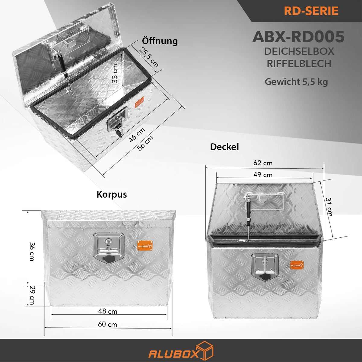 ALUBOX Riffelblech Deichselbox mit Gasdruckheber