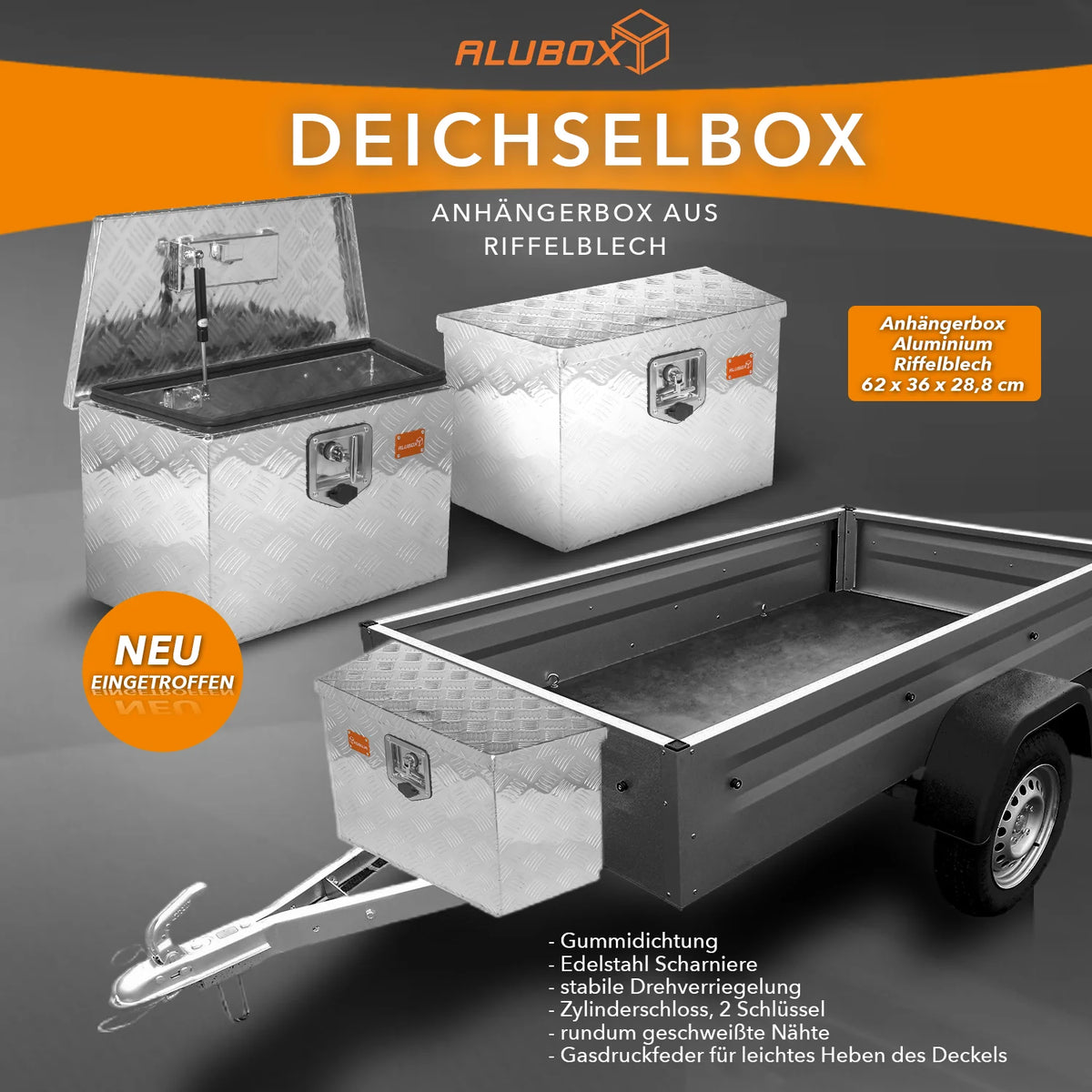ALUBOX Riffelblech Deichselbox mit Gasdruckheber