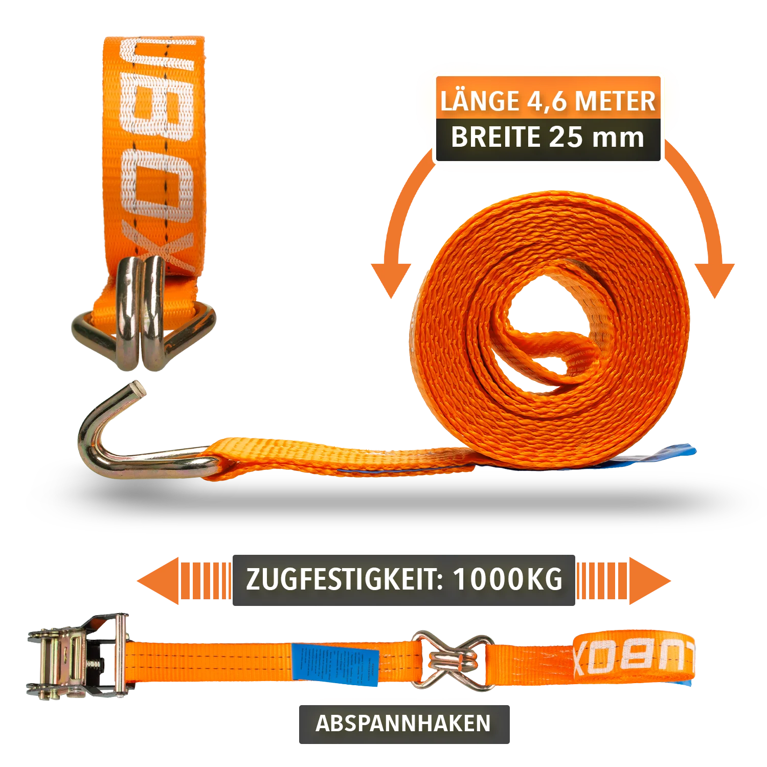 ALUBOX Spanngurte mit J-Haken 4 Stück 38mm breit Größenwahl