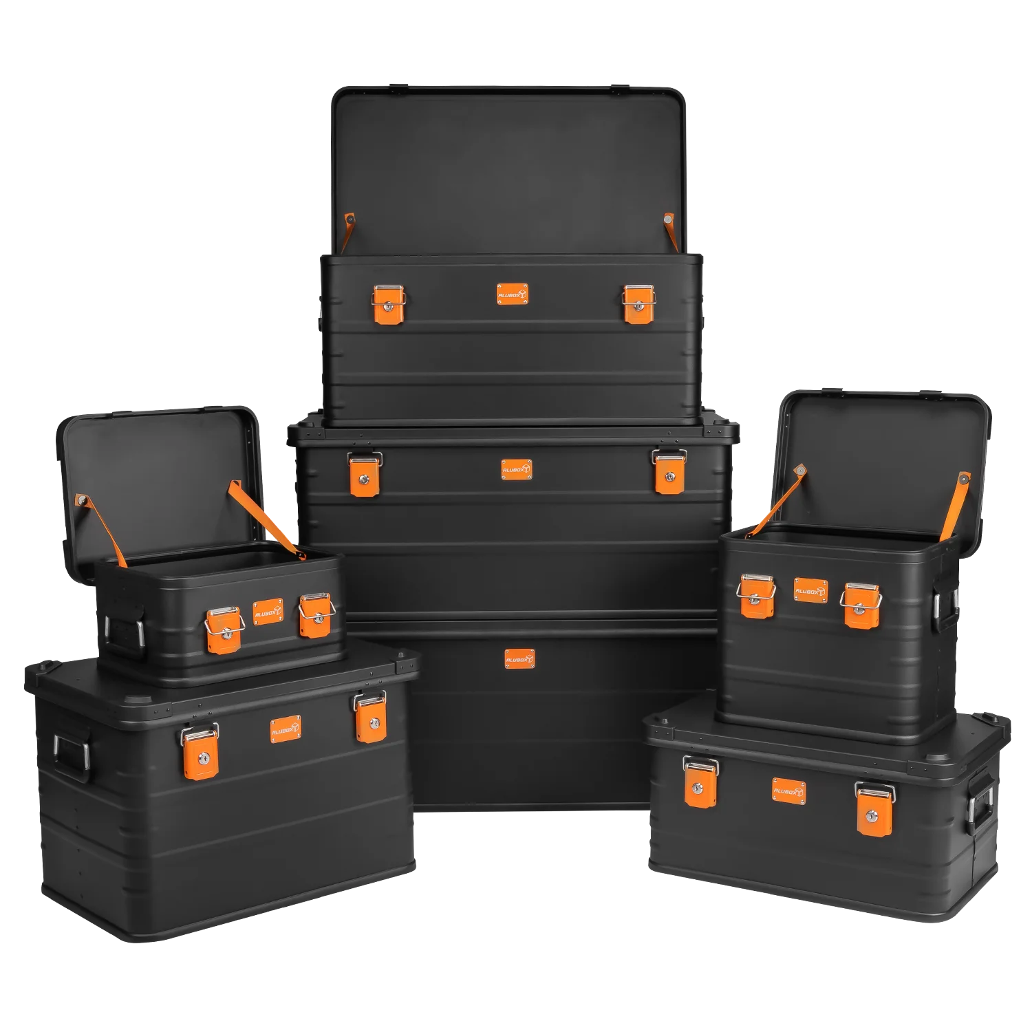 ALUBOX pulverbeschichtete Alukiste stapelbar schwarz orange