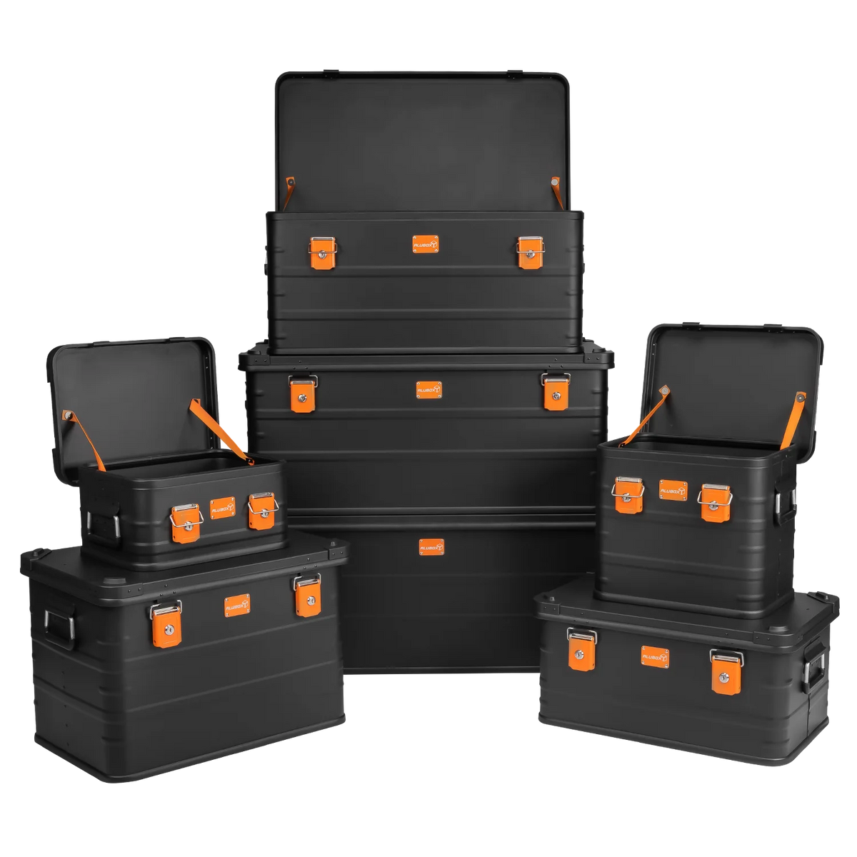 ALUBOX pulverbeschichtete Alukiste stapelbar schwarz orange
