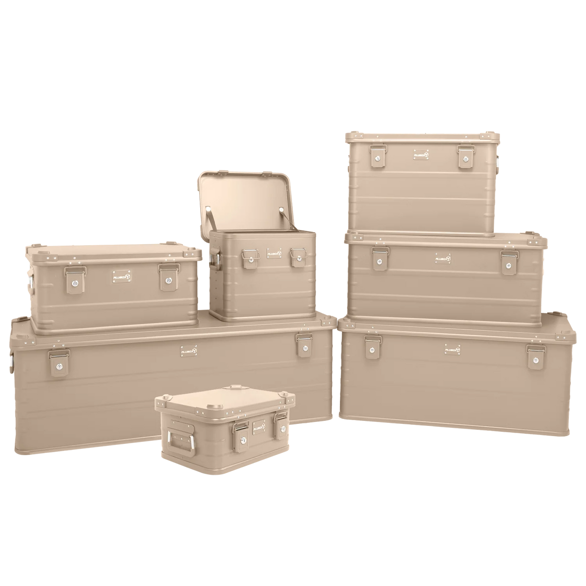 Alubox khaki beige – stapelbar, staubdicht mit Gummidichtung