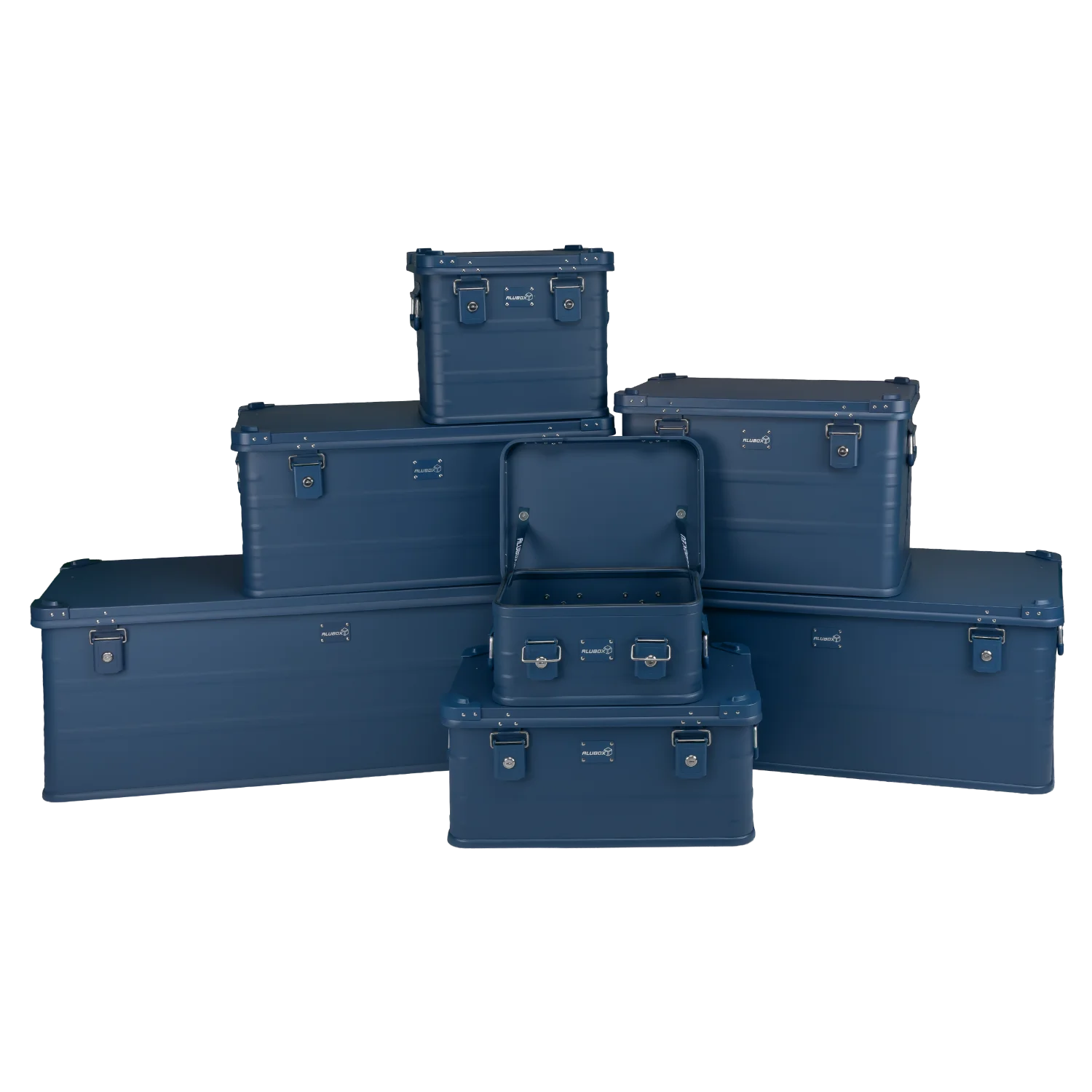 ALUBOX Alukiste Premium Lagerbox 18 - 159 L mit Druckguss Stapelecken blau