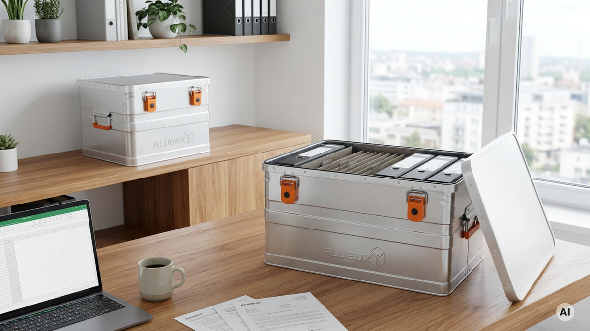 Silberne Aluboxen stehen auf einem Schreibtisch und einem Regal. Eine der Boxen ist mit Ordnern und Akten gefüllt.