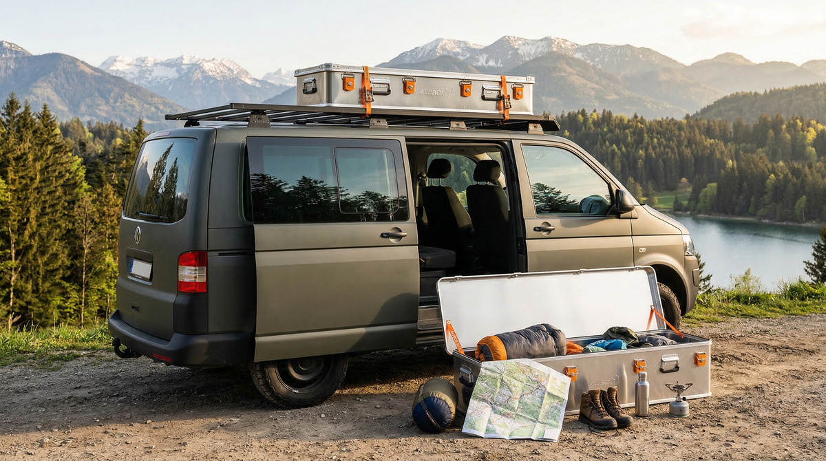 Eine Alubox steht vor einem Camper und ist gefüllt mit Ausrüstung für das Camping. Eine weitere Alubox der Outdoor-Serie ist mit Spanngurten auf dem Dach des Autos befestigt.