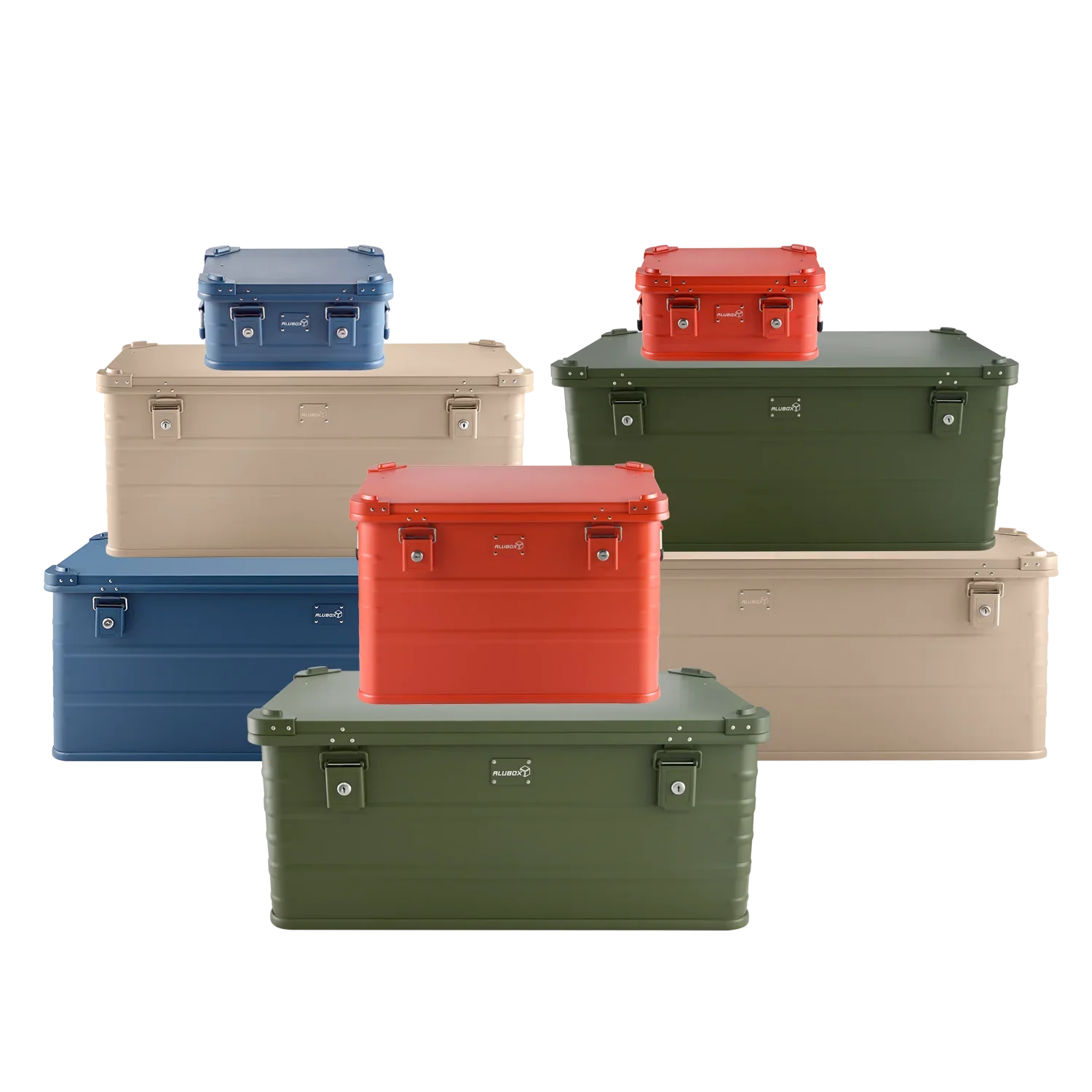 Gestapelte farbige Boxen in Blau, Rot und Beige von ALUBOX