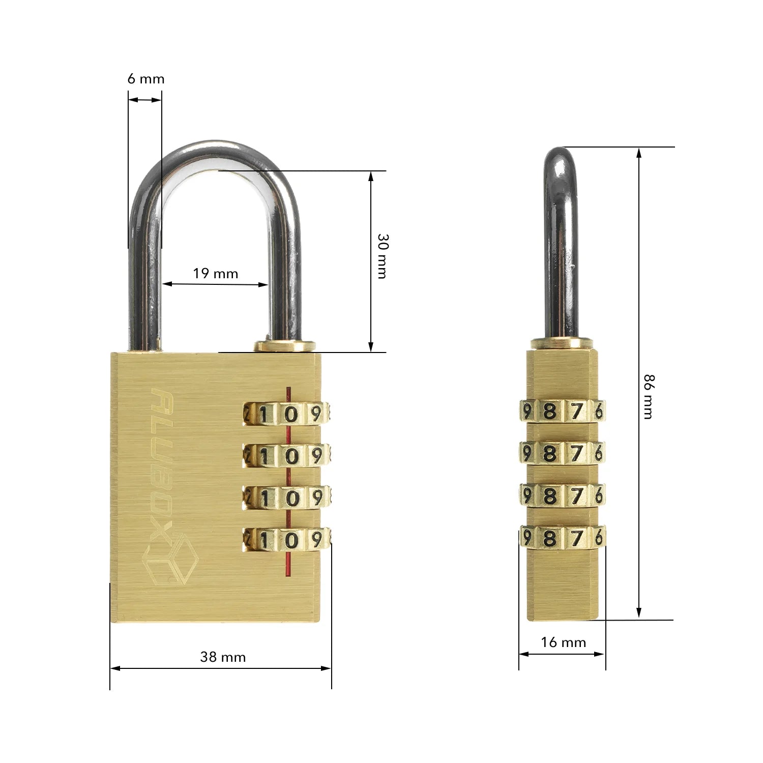 ALUBOX Vorhängeschloss Zahlenschloss 4 stellig Messing Korpus Bügelstärke 6mm