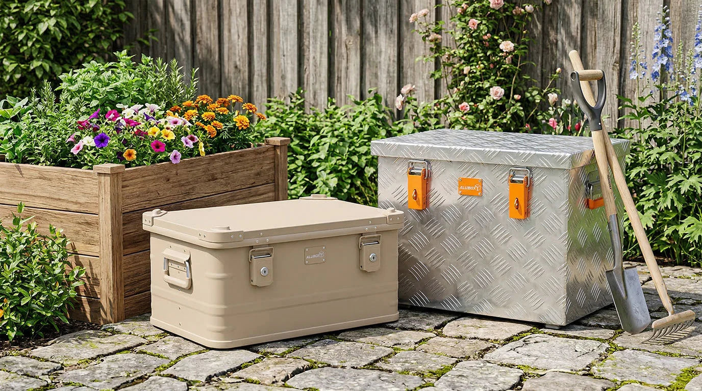 Eine beige und eine silberne Alubox als wetterfeste Aufbewahrungslösung auf einer Terrasse im sommerlichen Garten.
